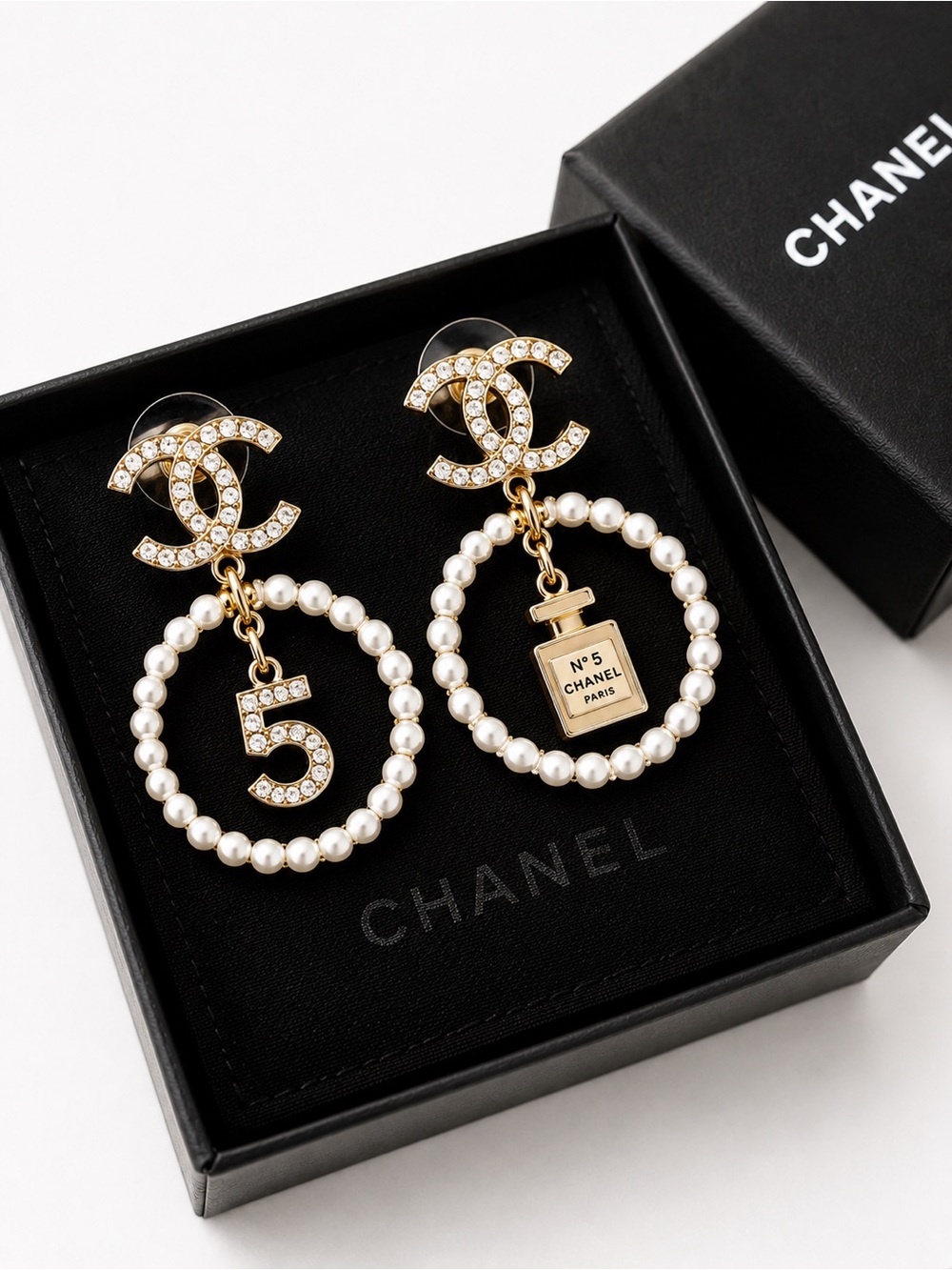 CHANEL CC Pearl Hoop Earrings No.5 Charm Gold Tone | Retired